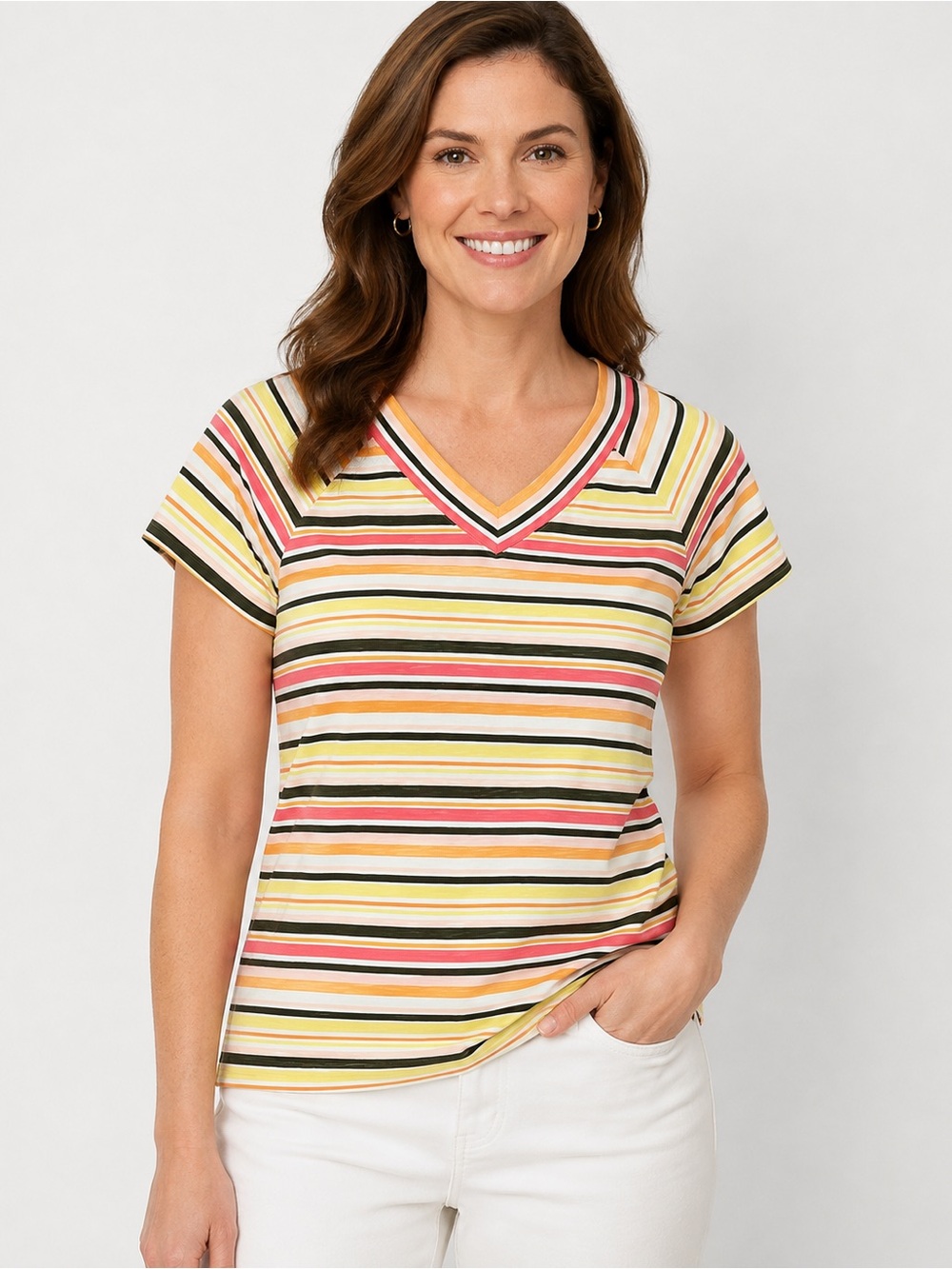 T by Talbots XL Petite Multicolor Striped V-Neck Short Sleeve Top